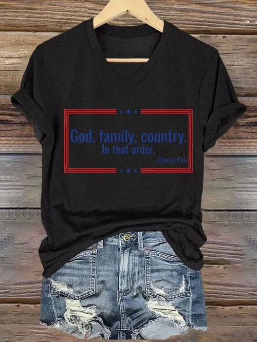 Charlie Kirk V-Neck Shirt God Family Country In That Order Rest In Peace Charlie Kirk Merch