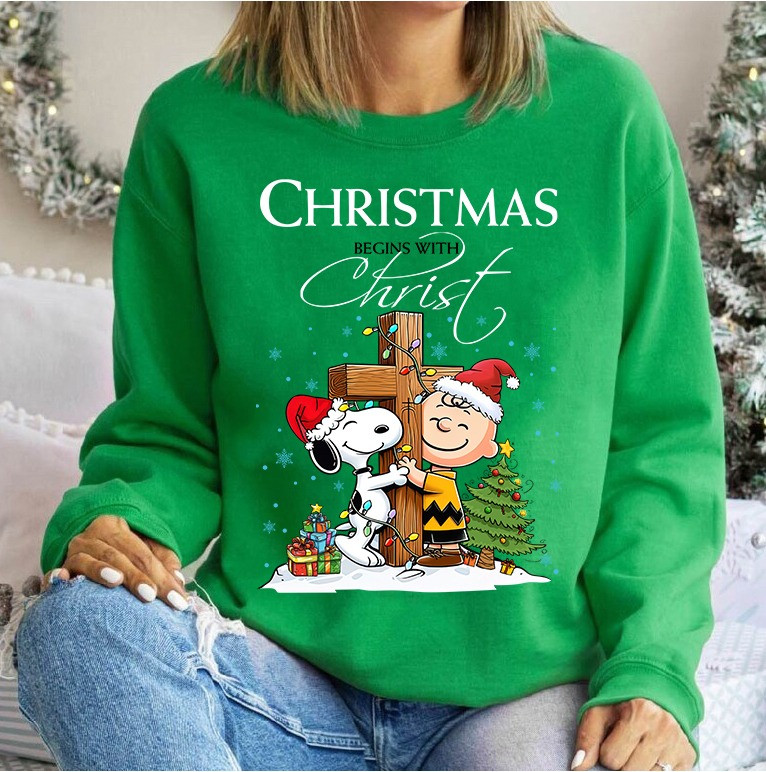 Charlie Snoopy Christmas Begins With Christ Sweatshirt Faith Christian Xmas Crewneck Gifts