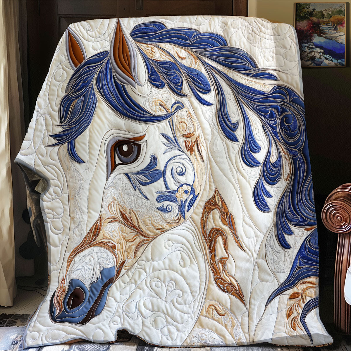 Charming Blue Horse Quilt Blanket Christmas Blanket Horse Themed Gifts For Adults