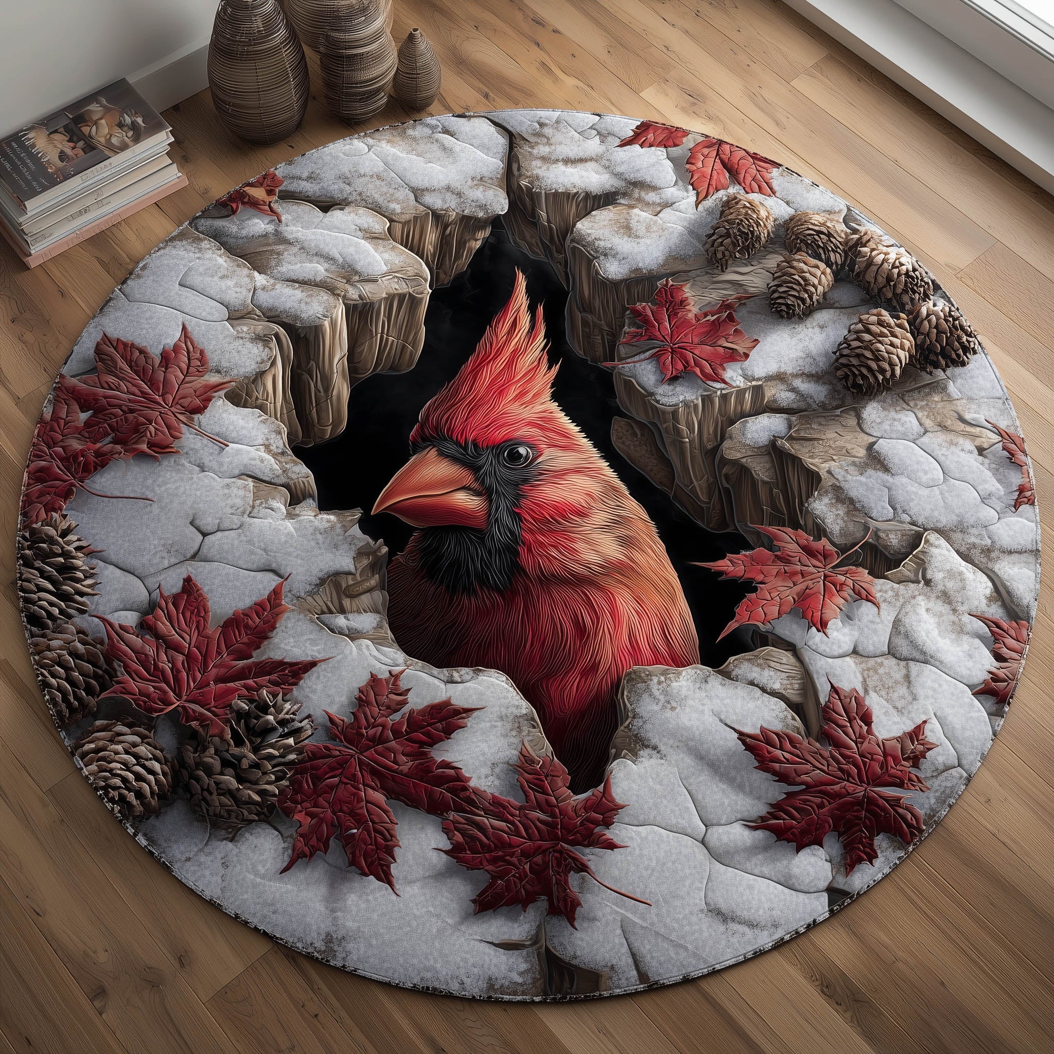 Charming Cardinal Quilted Round Mat Cozy Quilted Round Mat for Warm Ambiance