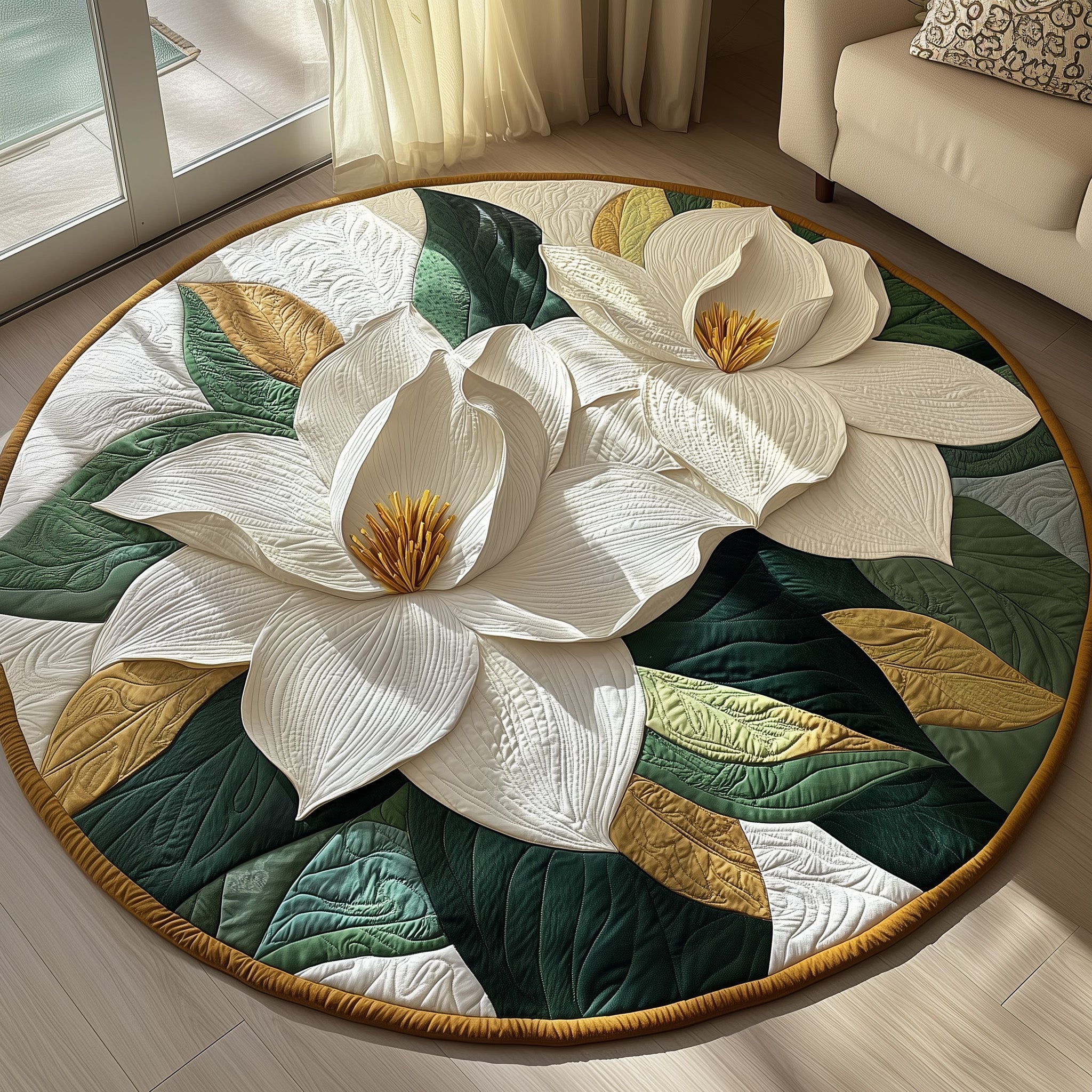 Charming Magnolia Quilted Round Mat Beautiful Quilted Round Mat Gift for Loved Ones