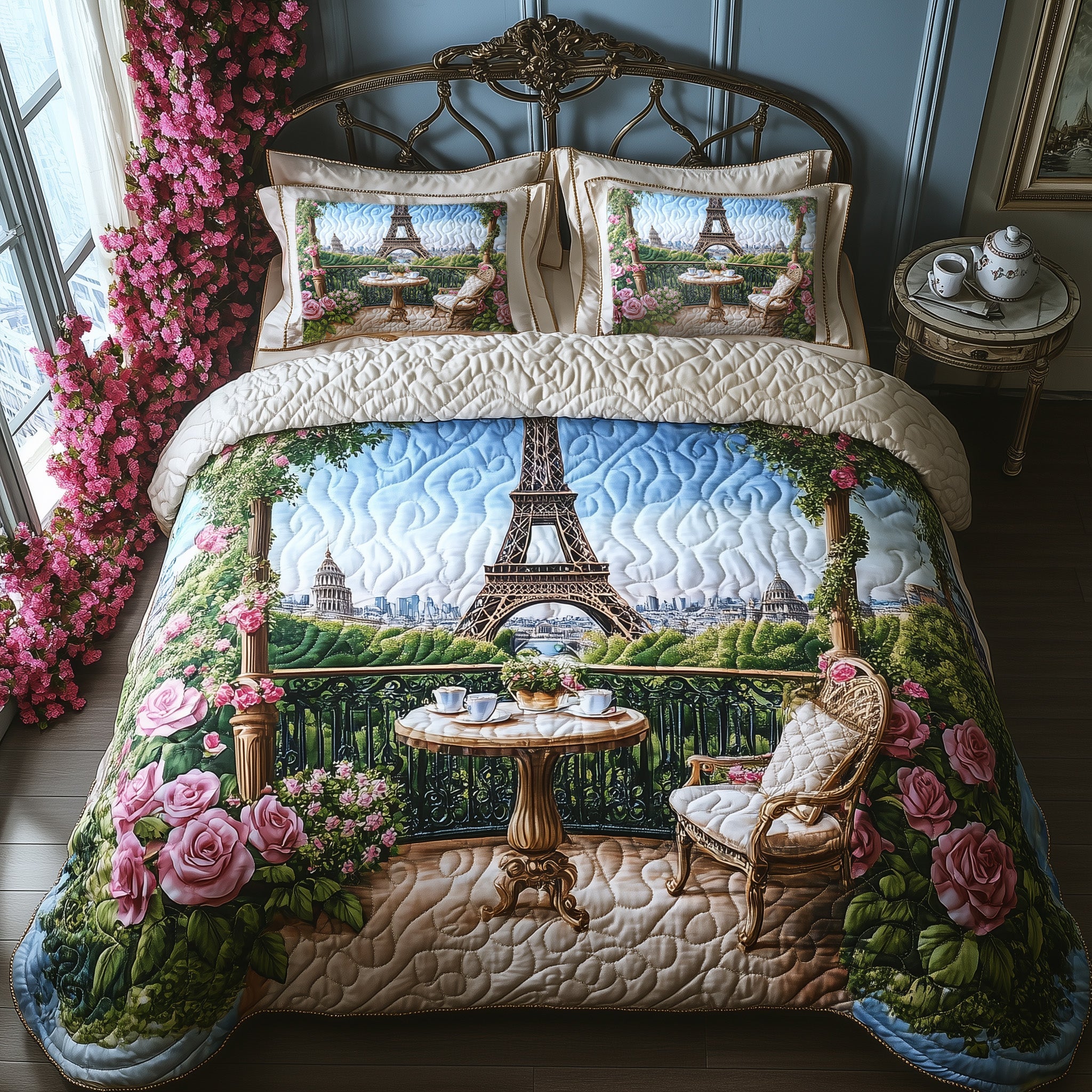 Charming Paris Morning Quilted Bedding Set Duvet Cover Bedspread Paris Inspired Gifts