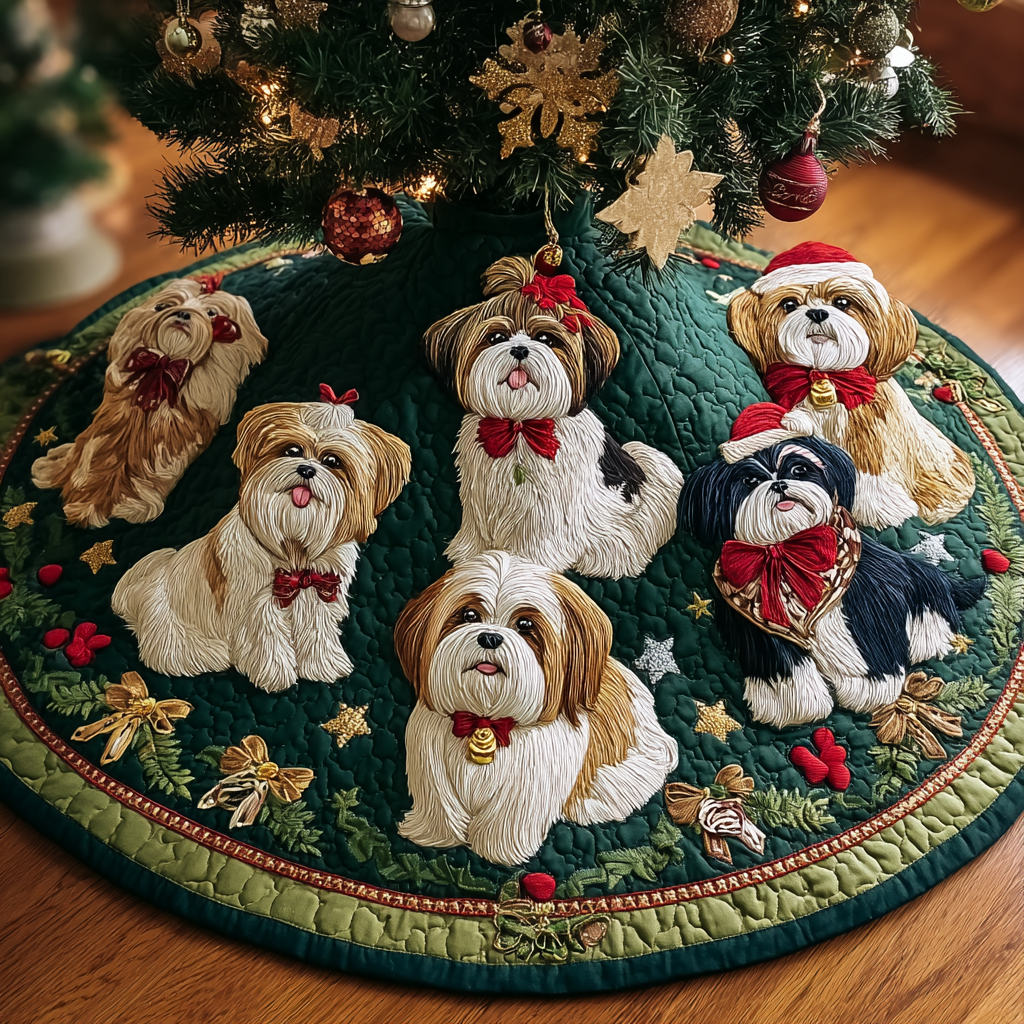 Charming Shih Tzu Christmas Quilted Tree Skirt Xmas Tree Decor Xmas Presents For Dog Lovers
