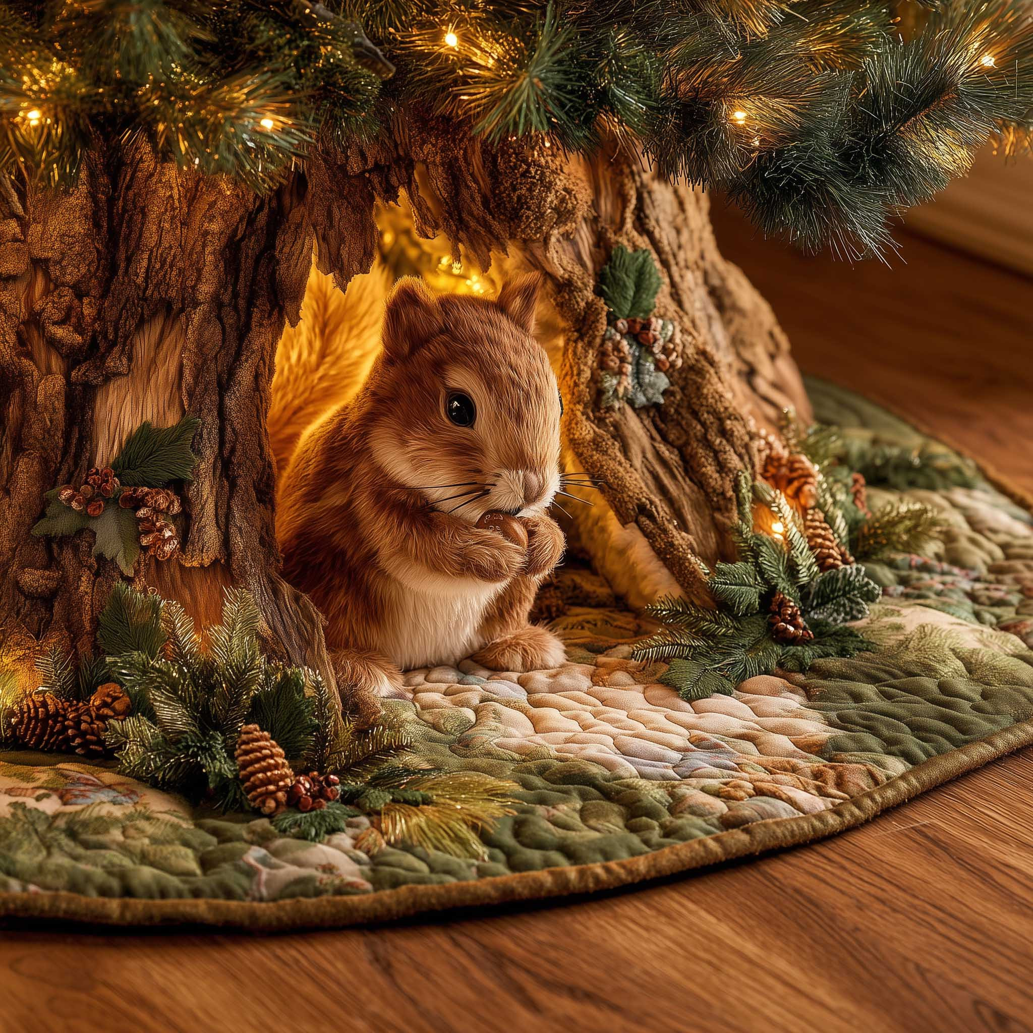 Charming Squirrel Quilted Tree Skirt Holiday Home Decor Animal Themed Squirrel Lovers Xmas Gift