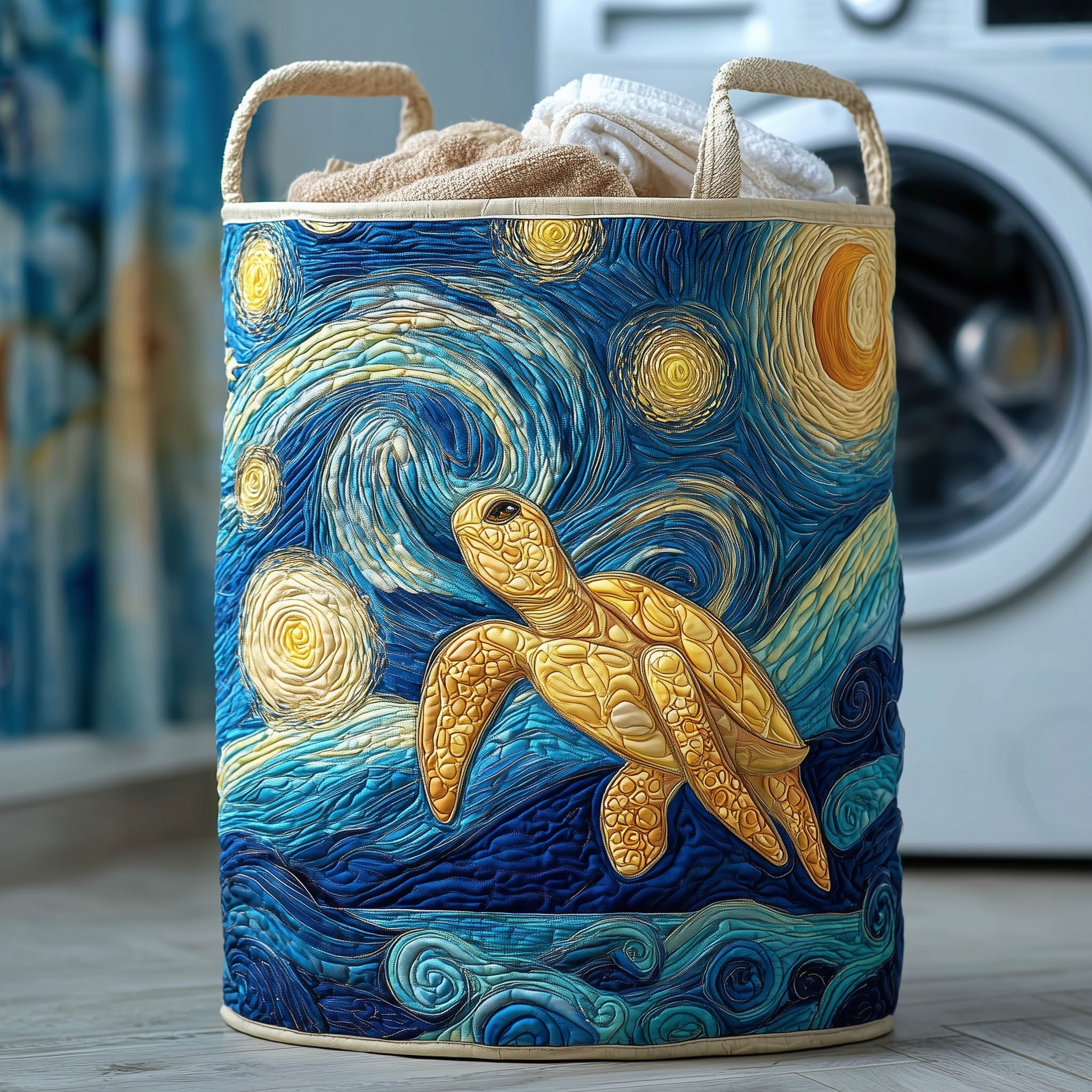 Charming Turtle Quilted Laundry Basket Starry Night Graphic Unique Home Decor Gift Ideas