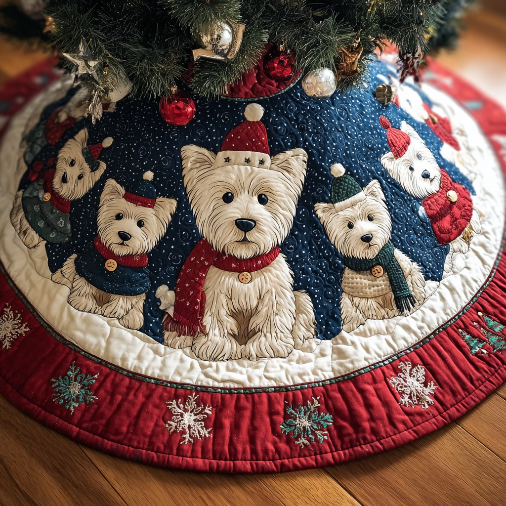 Charming West Highland Terrier Christmas Quilted Tree Skirt Xmas Indoor Decorations Yorkshire Terrier Presents