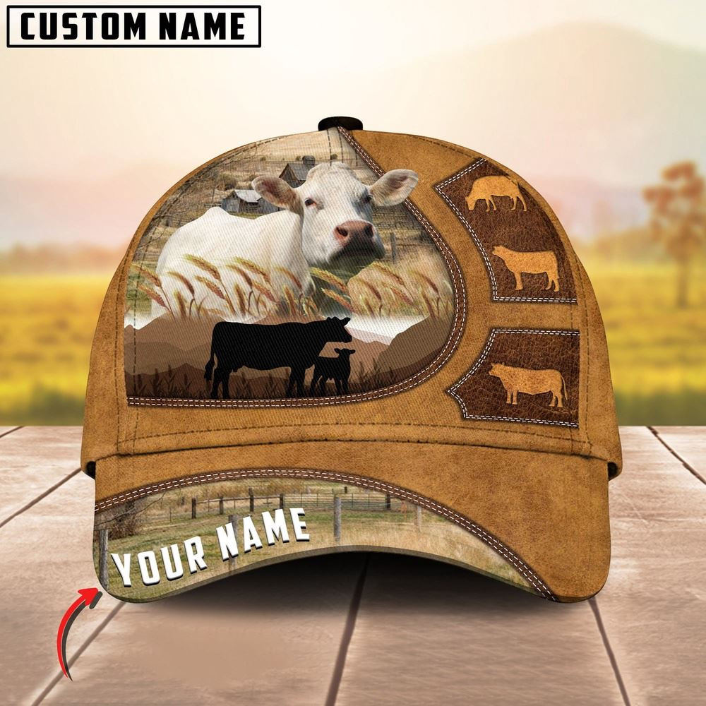 Charolais Art On Farm Yellow Leather Pattern Customized 3D Cap Farmer Baseball Cap Gift For Farmer