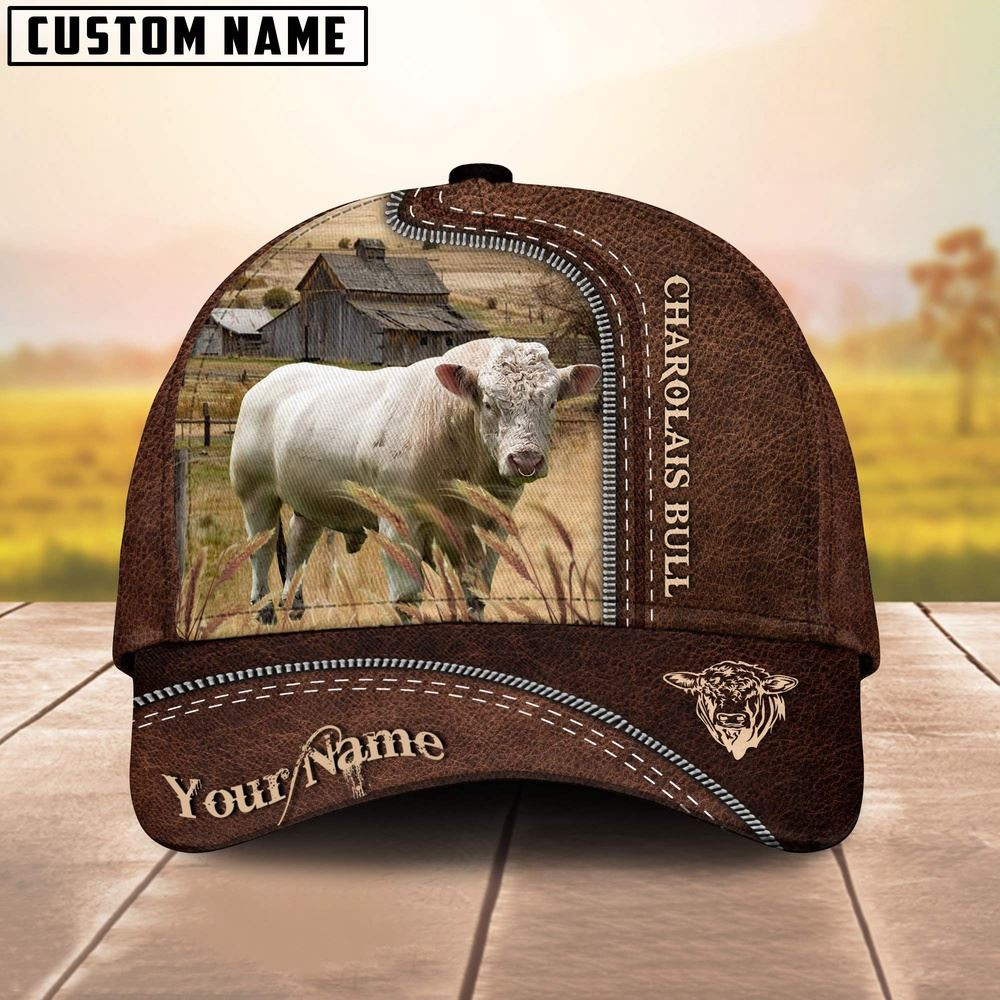Charolais Bull Customized Name Leather Pattern Cap Farmer Baseball Cap Gift For Farmer