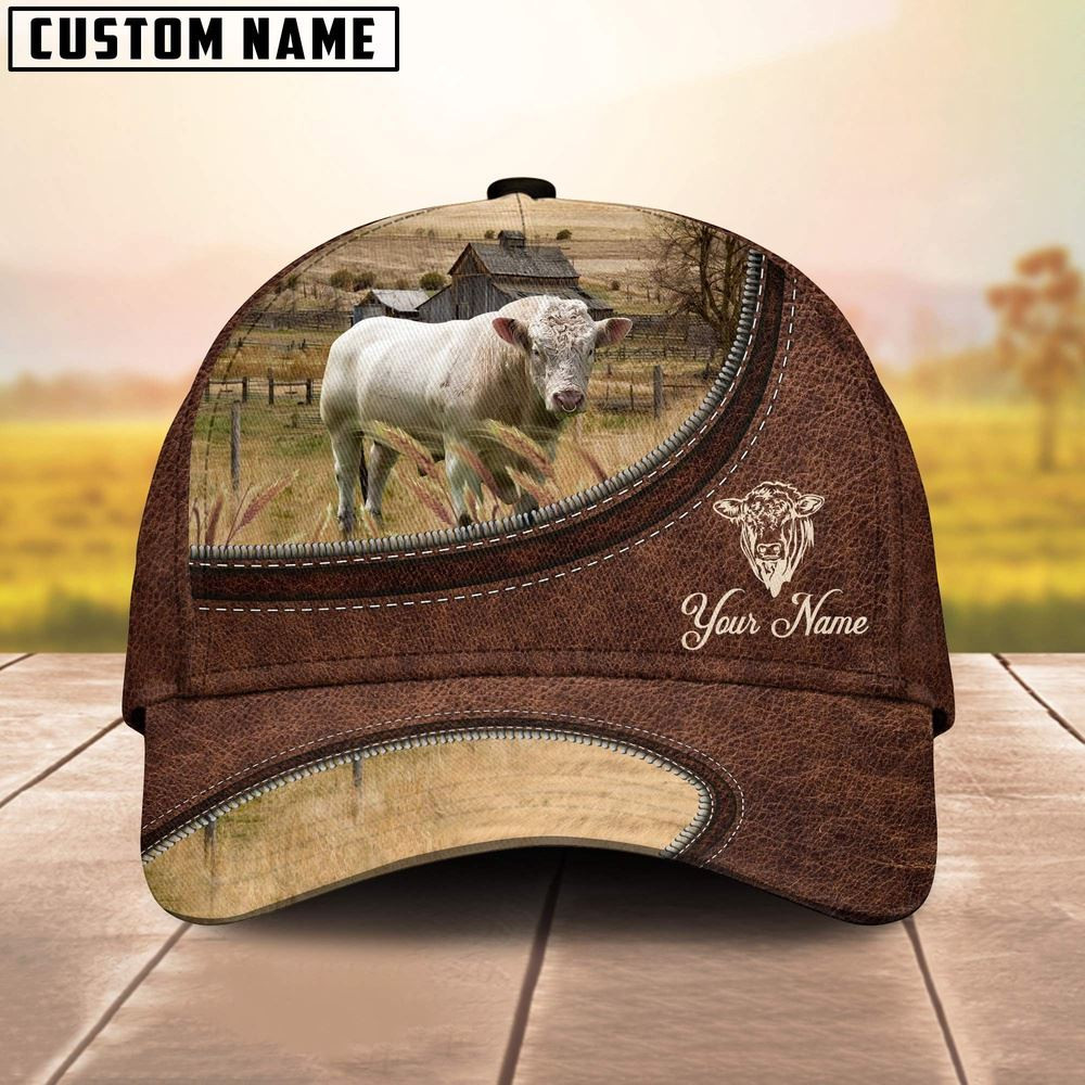 Charolais Bull On The Farm Customized Name Leather Pattern Cap Farm Cap Gift For Farmer