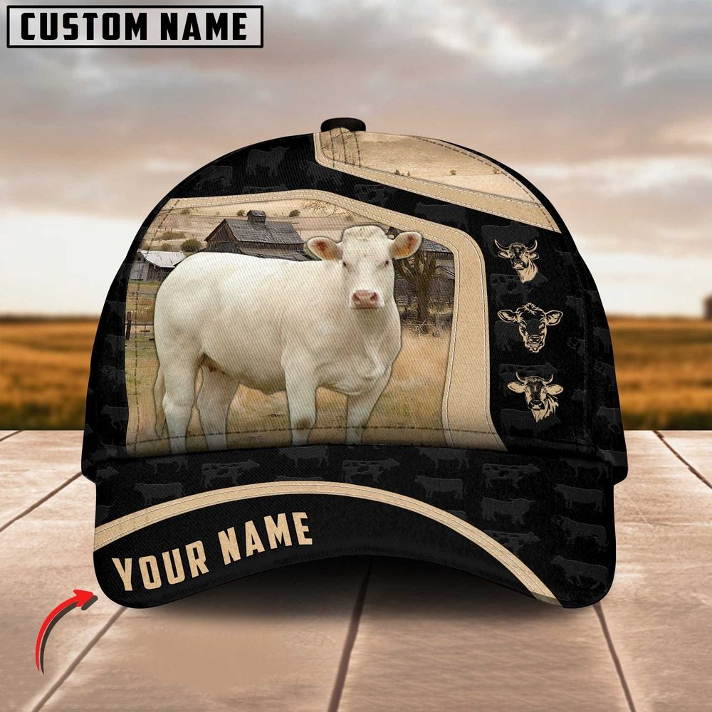 Charolais Cattle Black Yellow Pattern Customized Name Cap Farm Cap Gift For Farmer