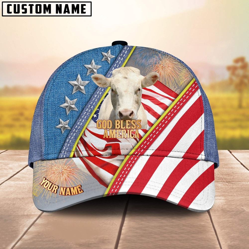 Charolais Cattle Blue Denim Pattern Customized Name Cap Farm Cap Gift For Farmer