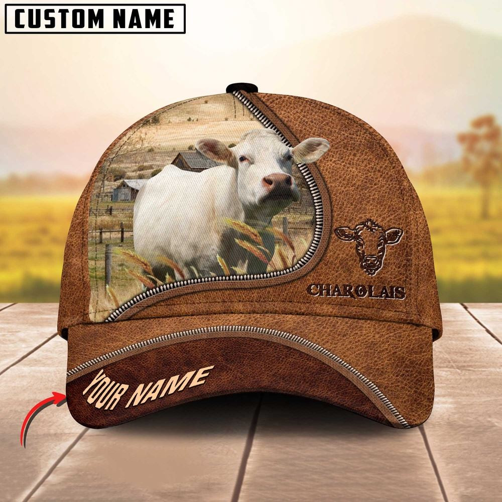 Charolais Cattle Brown Leather Zip Pattern Customized Name Cap Farm Cap Gift For Farmer