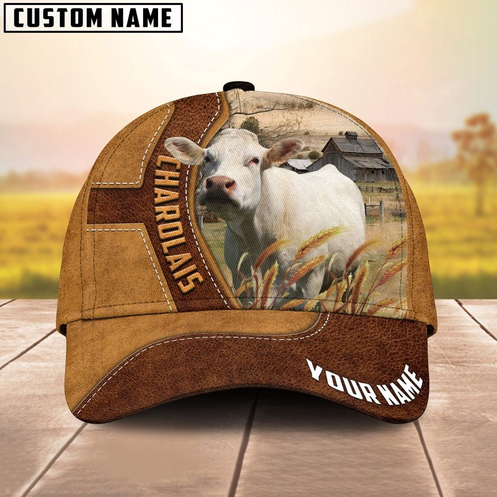 Charolais Cattle Customized Name Brown Leather Pattern Cap Farm Cap Farmer Baseball Cap Gift For Farmer