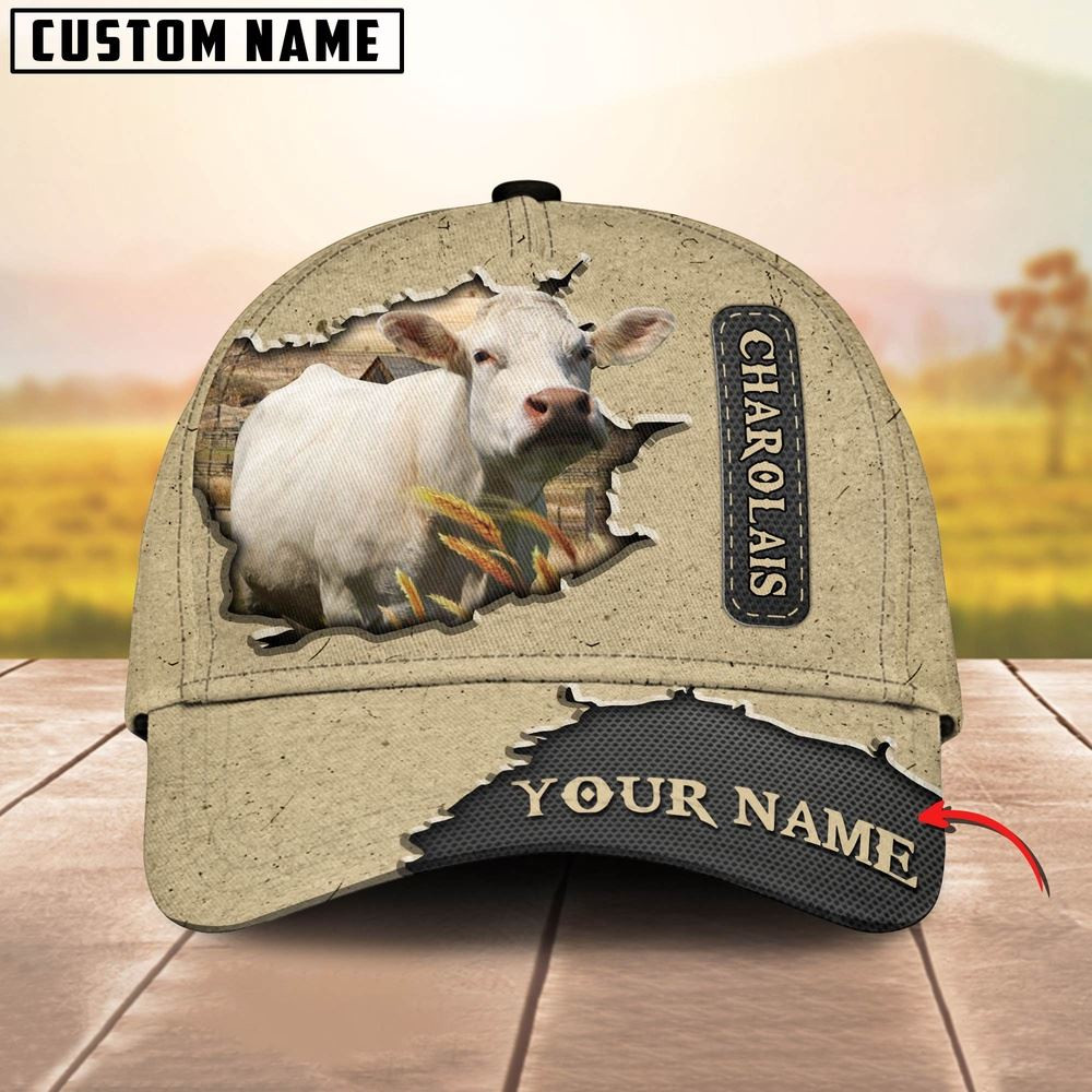Charolais Cattle Customized Name Khaki Leather Pattern Cap Farmer Baseball Cap Gift For Farmer