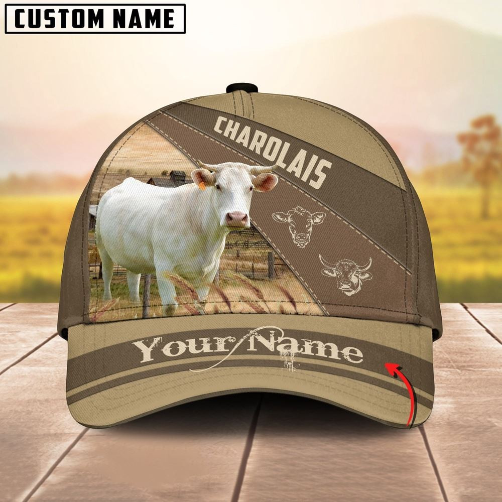 Charolais Cattle Khaki Pattern Customized Name Cap Farmer Baseball Cap Gift For Farmer