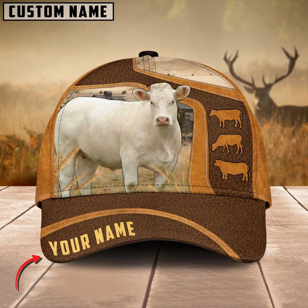 Charolais Cattle Leather Pattern Customized Name Cap Farmer Baseball Cap Gift For Farmer