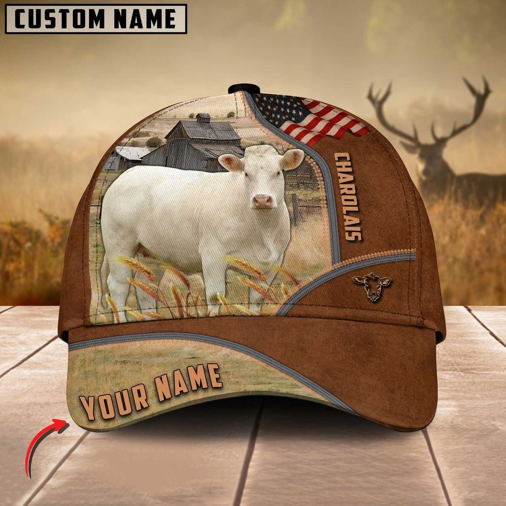 Charolais Cattle US Flag Customized Name Brown Cap Farmer Baseball Cap Gift For Farmer