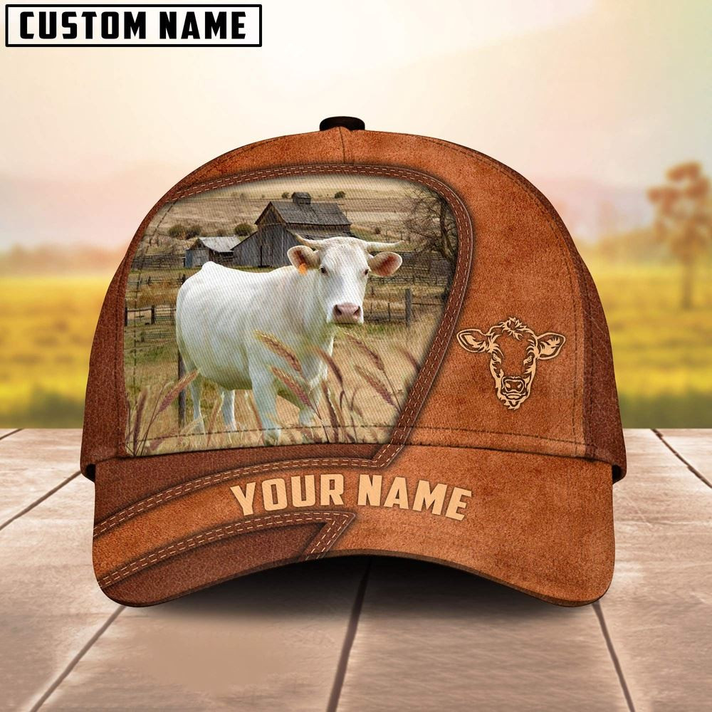 Charolais Customized Name Brown Leather Pattern Cap Farm Cap Farmer Baseball Cap Gift For Farmer