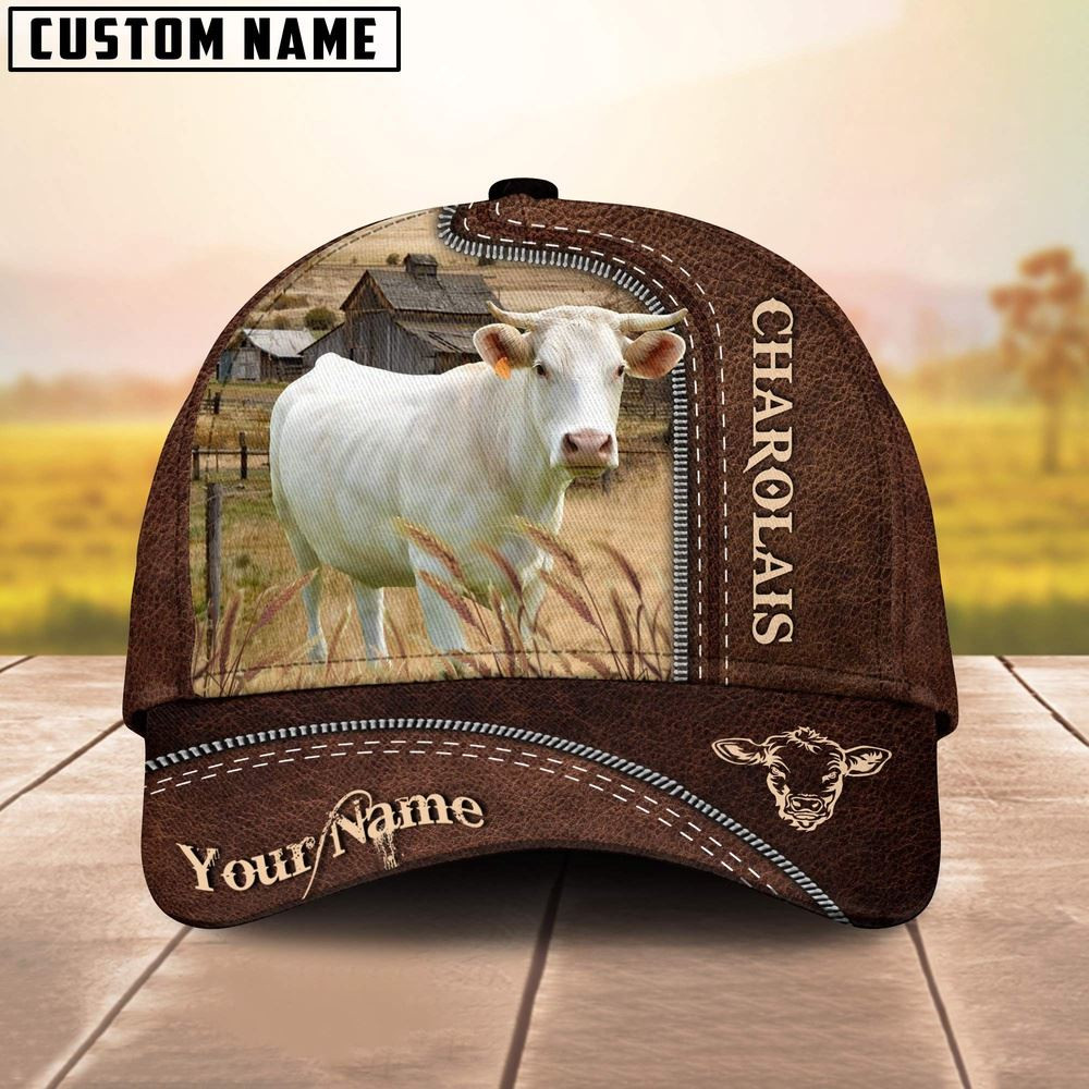 Charolais Customized Name Leather Pattern Cap Farm Cap Farmer Baseball Cap Gift For Farmer