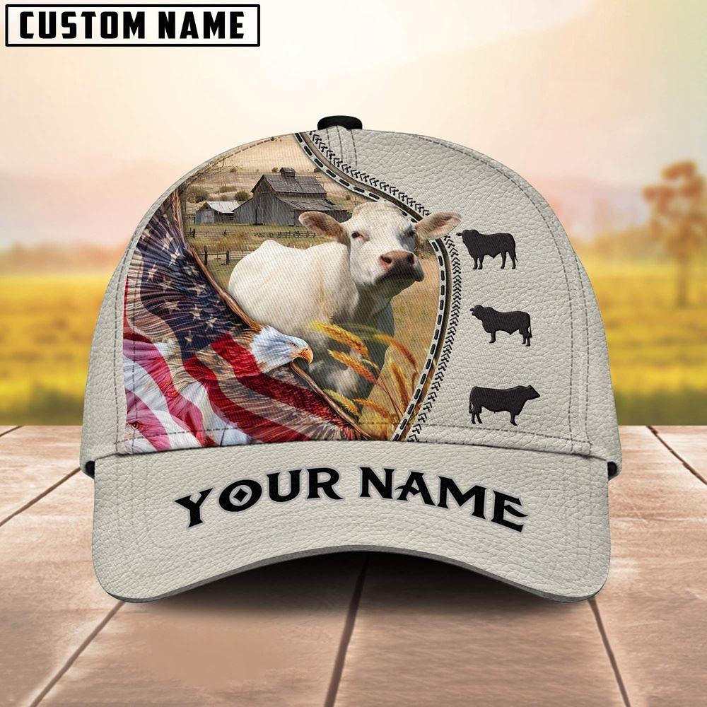 Charolais Eagle US Flag Leather Pattern Customized 3D Cap Farmer Baseball Cap Gift For Farmer