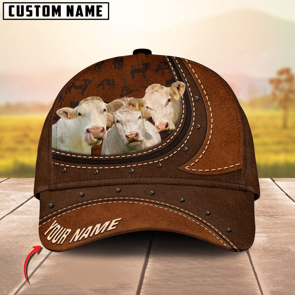 Charolais Happiness Leather Pattern Art Customized Name Cap Farmer Baseball Cap Gift For Farmer