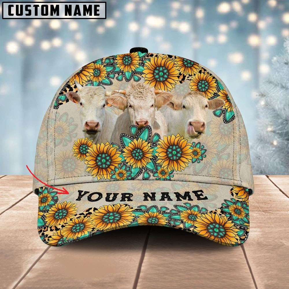 Charolais Happiness Sun Flowers Pattern Customized 3D Cap Farmer Baseball Cap Gift For Farmer