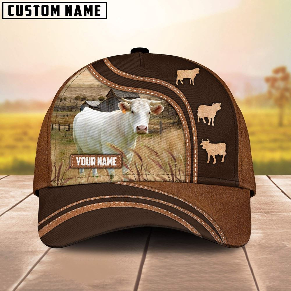 Charolais Leather Brown Pattern Customized Name Cap Farmer Baseball Cap Gift For Farmer