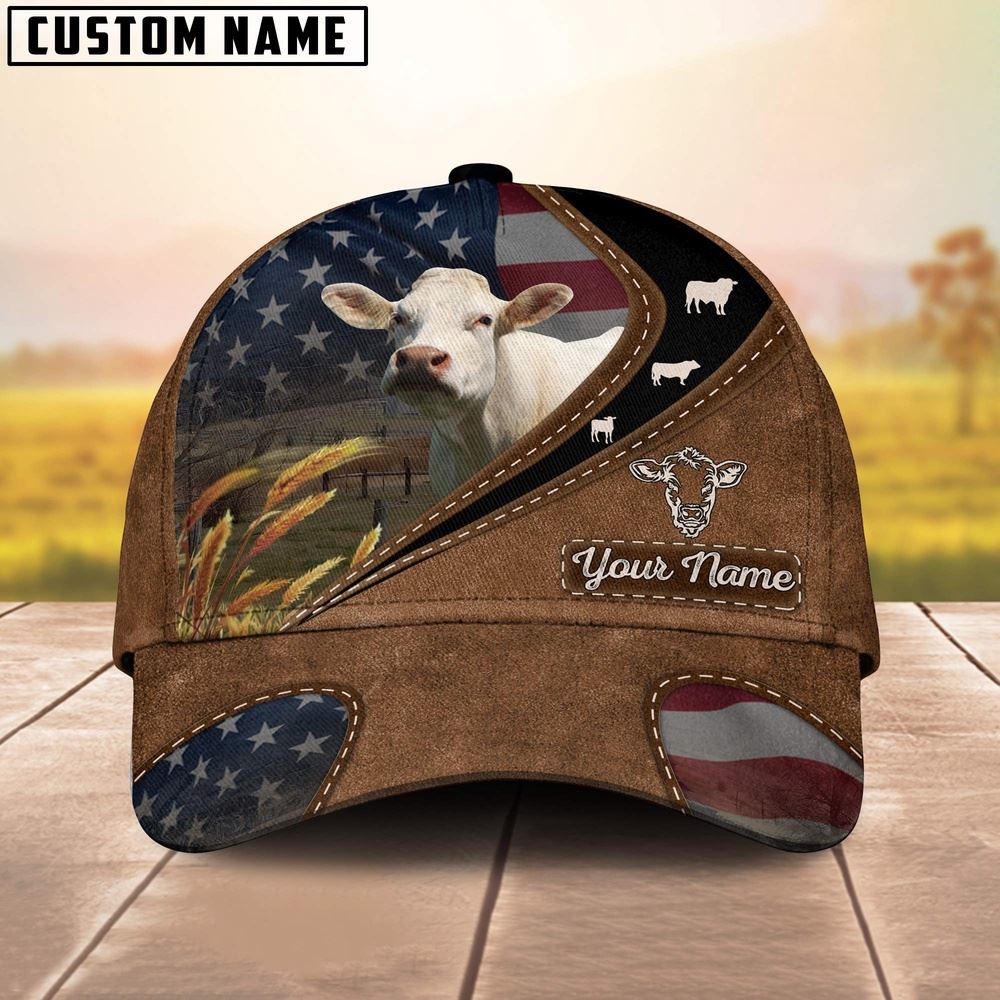 Charolais Leather Pattern American Customized Name Cap Farmer Baseball Cap Gift For Farmer