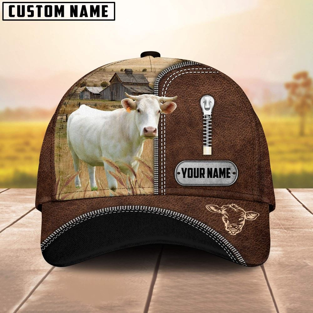 Charolais Leather Zip Pattern Customized Name Cap Farmer Baseball Cap Gift For Farmer