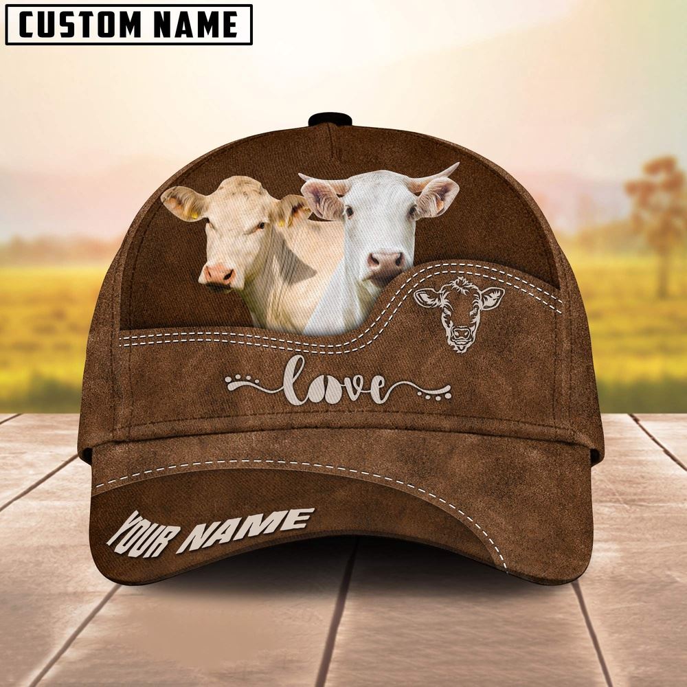 Charolais Love Leather Pattern Customized Name Cap Farmer Baseball Cap Gift For Farmer