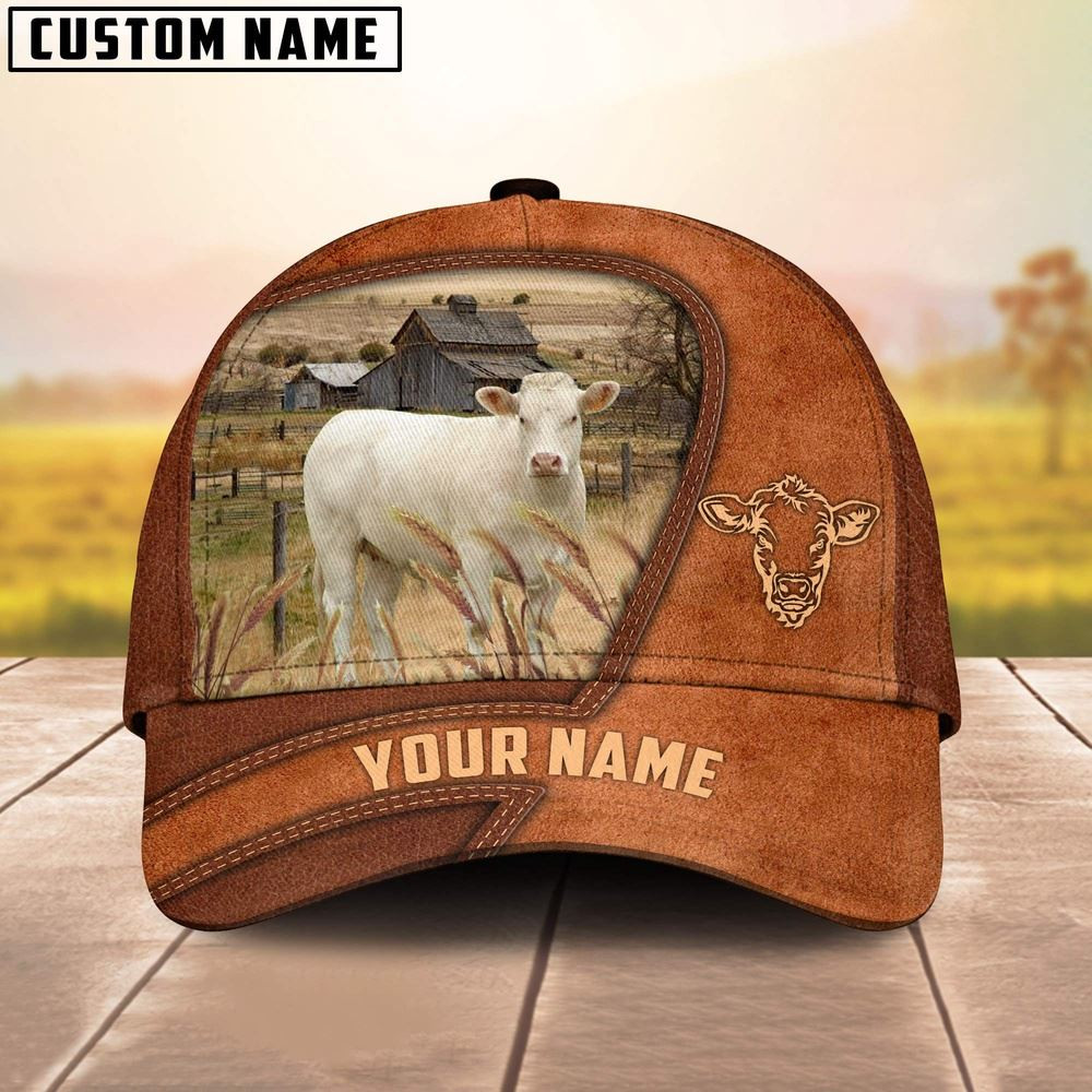 Charolais No Horn Customized Name Brown Leather Pattern Cap Farmer Baseball Cap Gift For Farmer