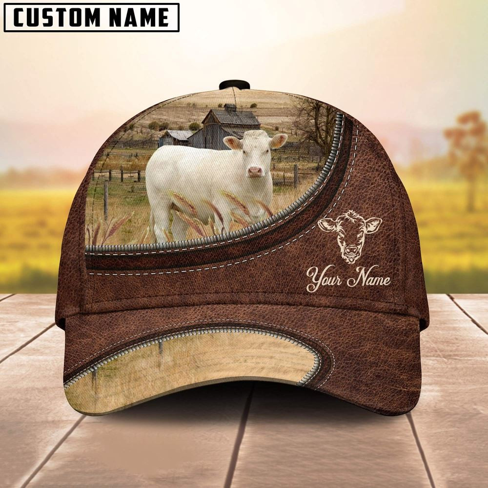 Charolais No Horn On The Farm Customized Name Leather Pattern Cap Farmer Baseball Cap Gift For Farmer