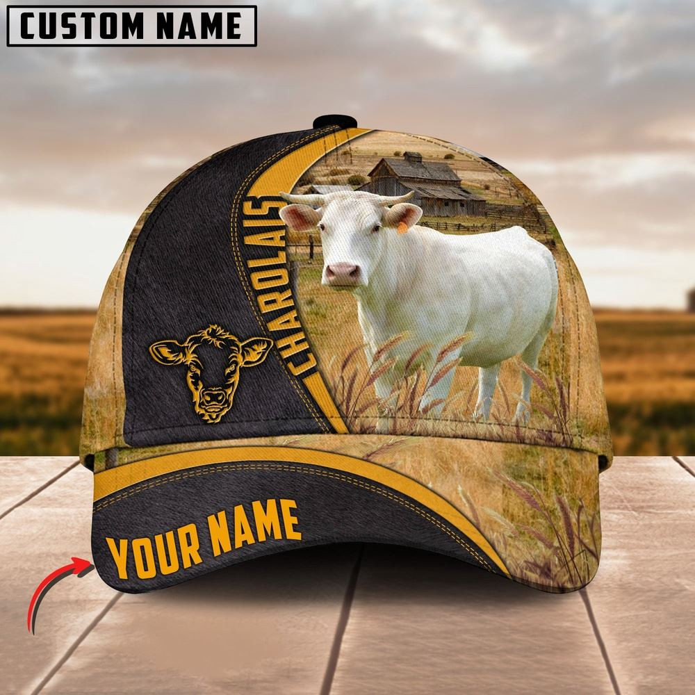 Charolais On Farm Black Yellow Leather Pattern Customized 3D Cap Farmer Baseball Cap Gift For Farmer
