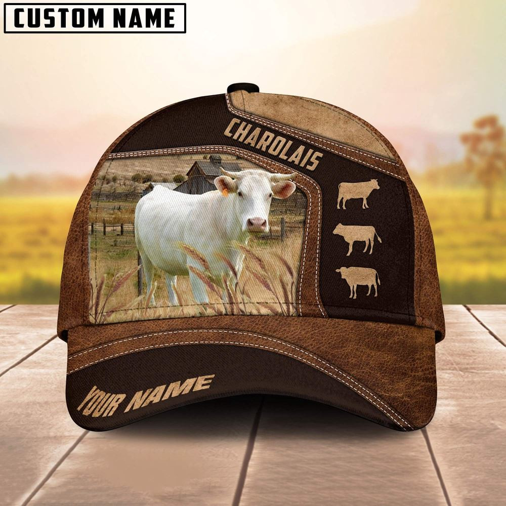 Charolais On Farm Brown Leather Pattern Customized 3D Cap Farmer Baseball Cap Gift For Farmer