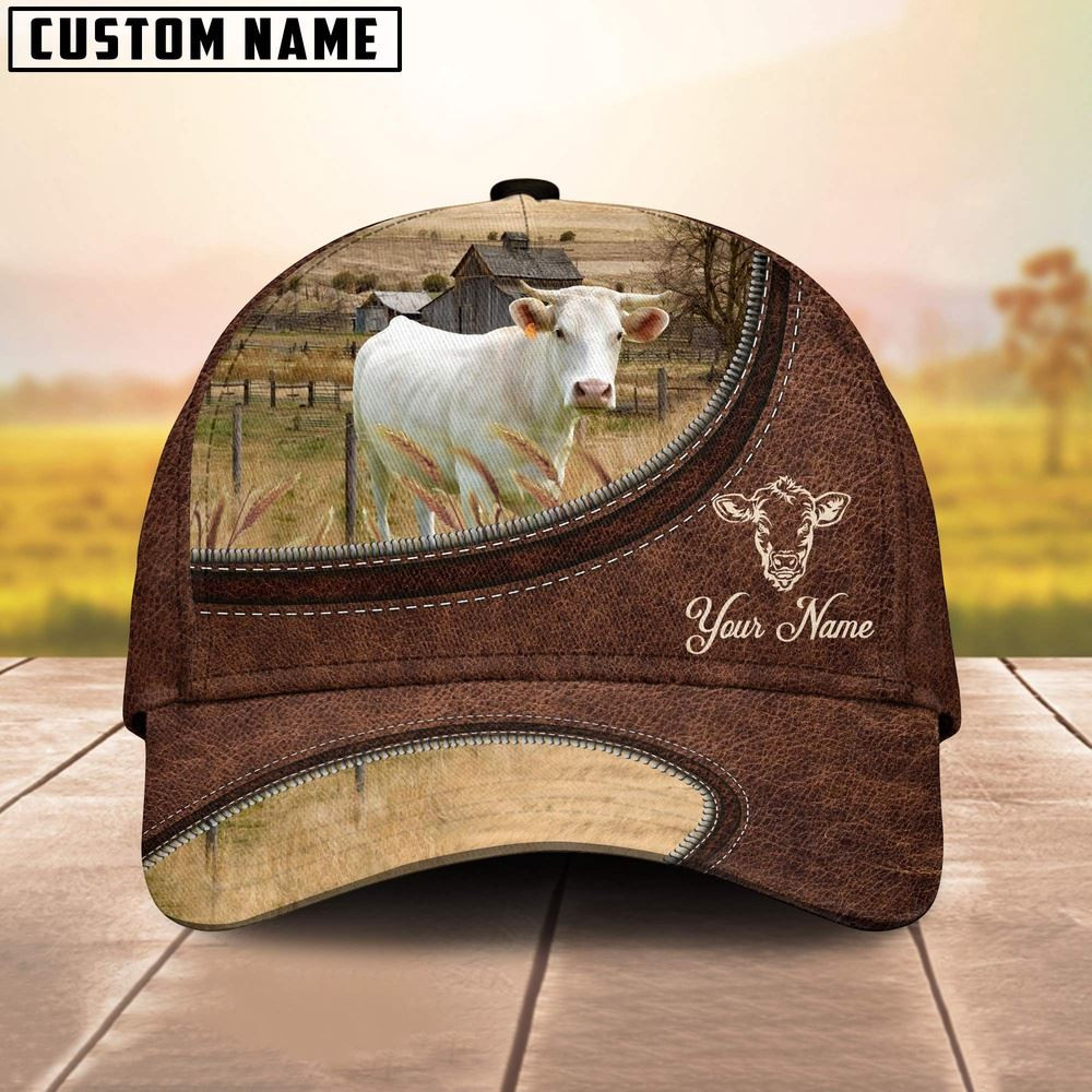 Charolais On The Farm Customized Name Leather Pattern Cap Farmer Baseball Cap Gift For Farmer