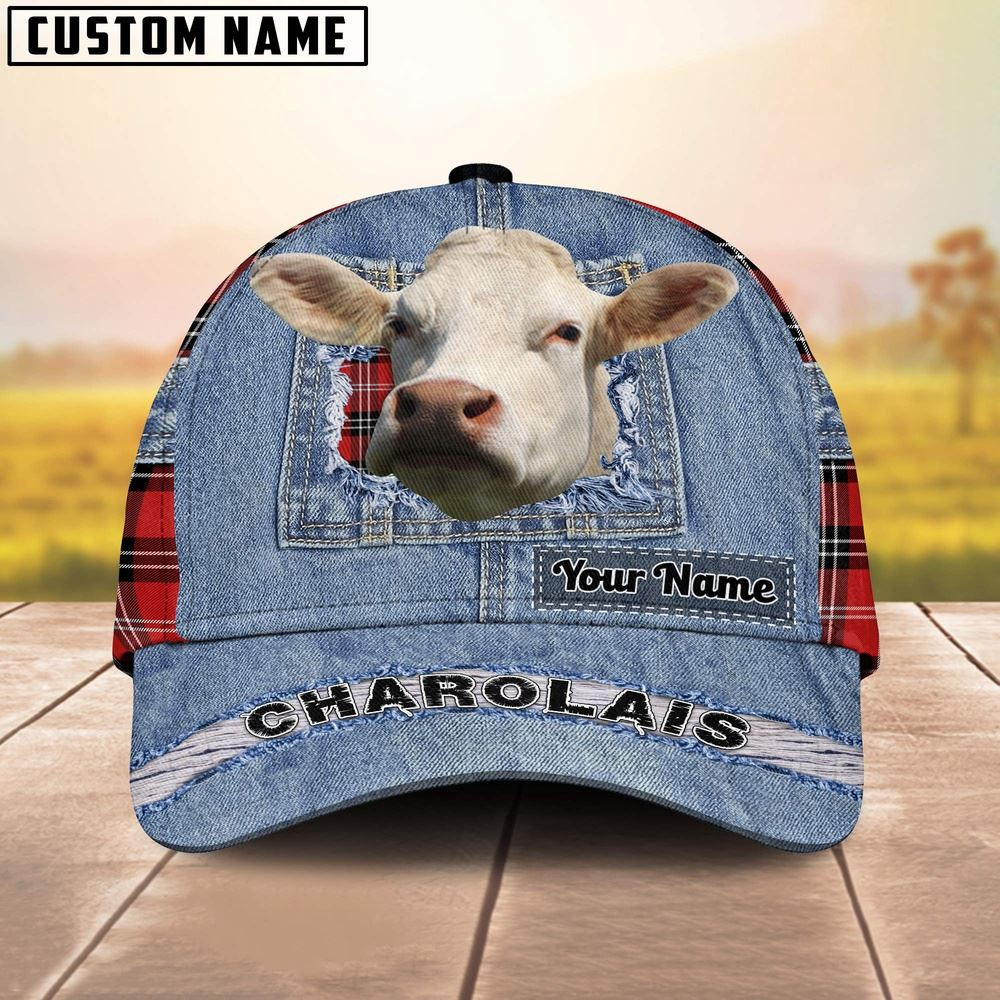 Charolais Overall Jeans Pattern And Red Caro Pattern Customized Name Cap Farmer Baseball Cap Gift For Farmer