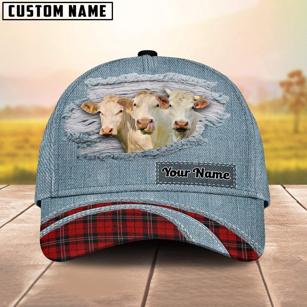 Charolais Red Caro And Jeans Pattern Customized Name Cap Farmer Baseball Cap Gift For Farmer