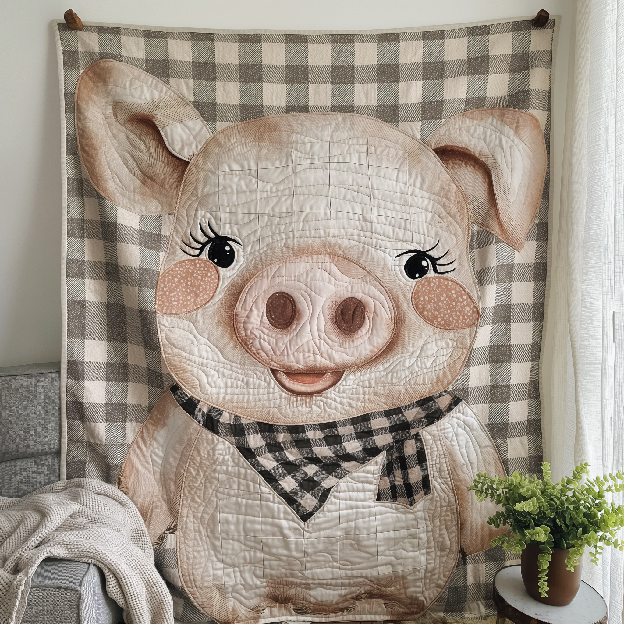 Checkered Scarf Pig Quilted Blanket Cute Christmas Blankets