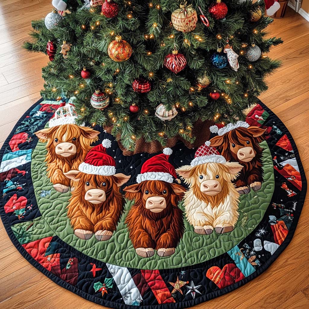 Cheerful Calf Gathering Christmas Quilted Tree Skirt Special Holiday Tree Skirt Gift for Newlyweds