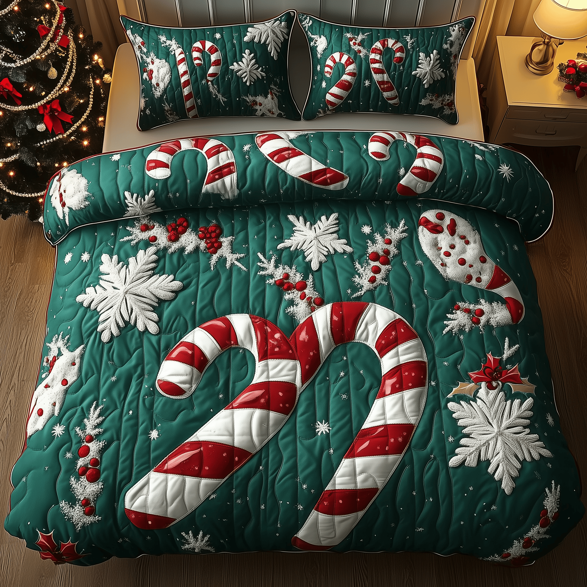 Cheerful Candy Cane Quilted Bedding Set Best Gifts For Candy Lovers