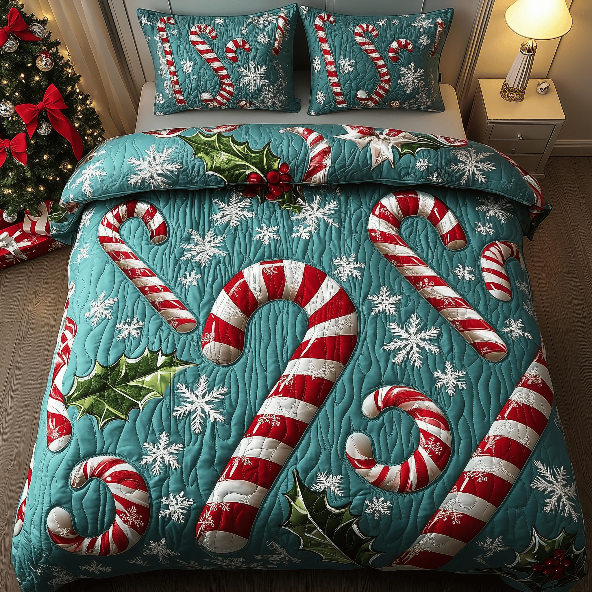 Cheerful Candy Cane Quilted Bedding Set Candy Lover Gift Ideas