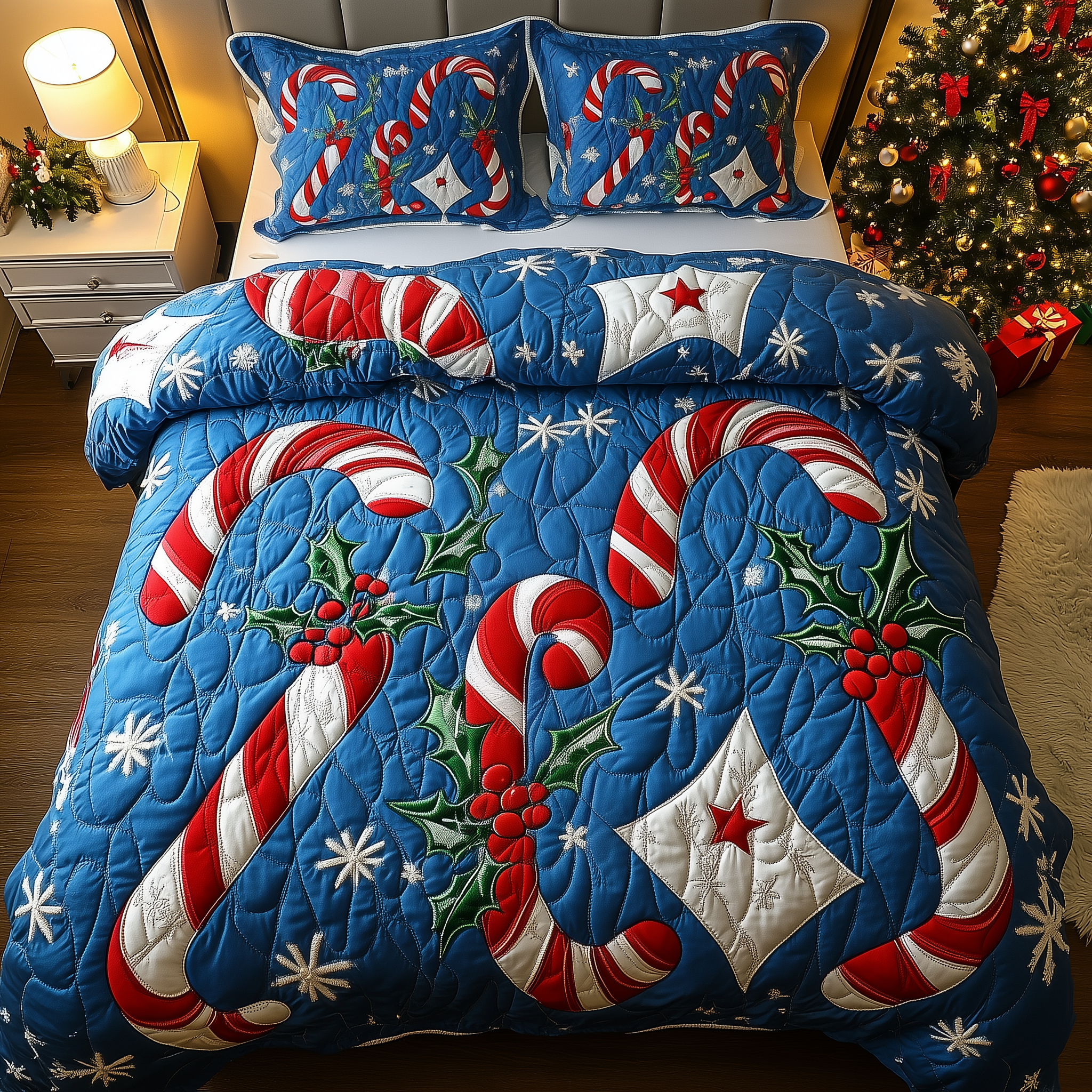 Cheerful Candy Cane Quilted Bedding Set Christmas Gifts For Candy Lovers