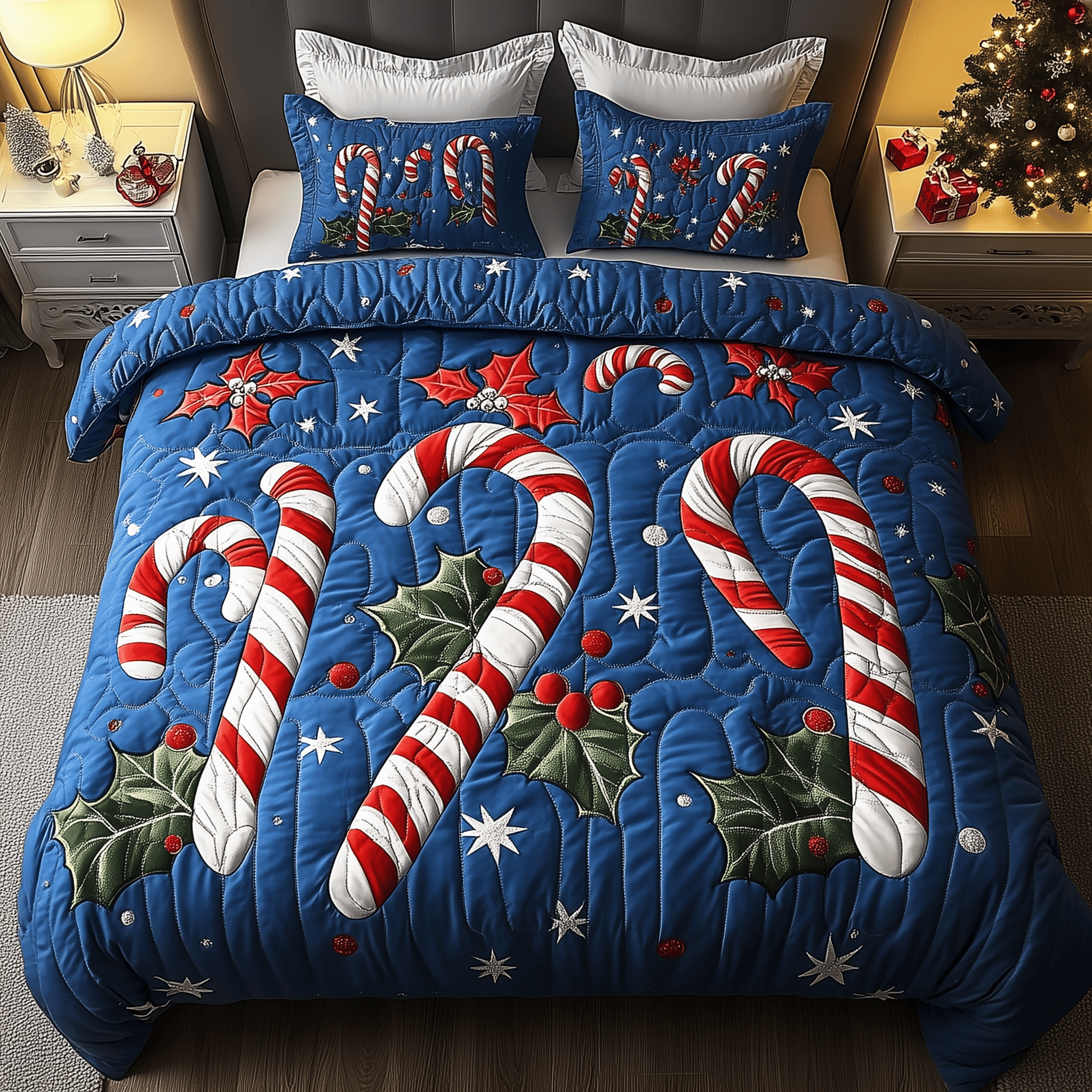 Cheerful Candy Cane Quilted Bedding Set Christmas Gifts For Sweet Lovers