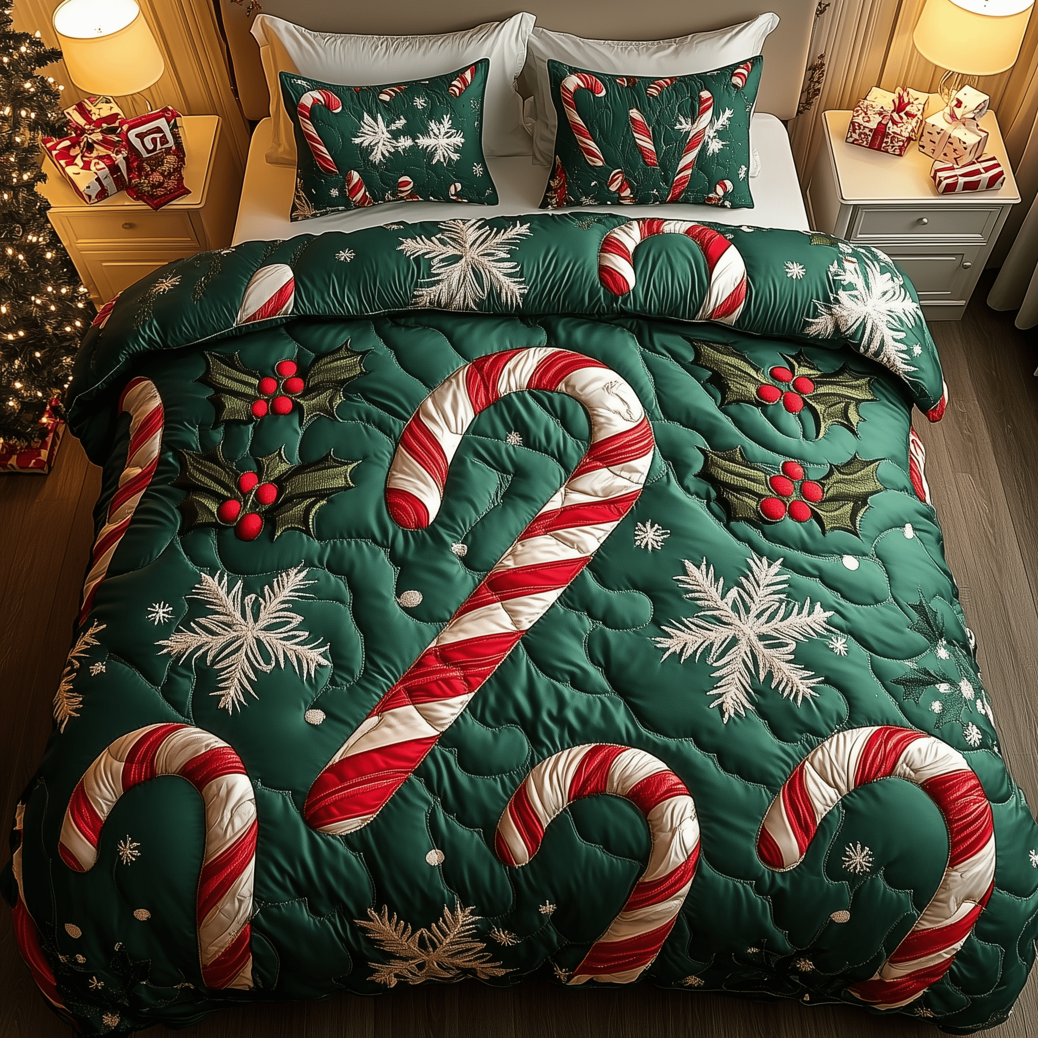 Cheerful Candy Cane Quilted Bedding Set Gift For Candy Lover