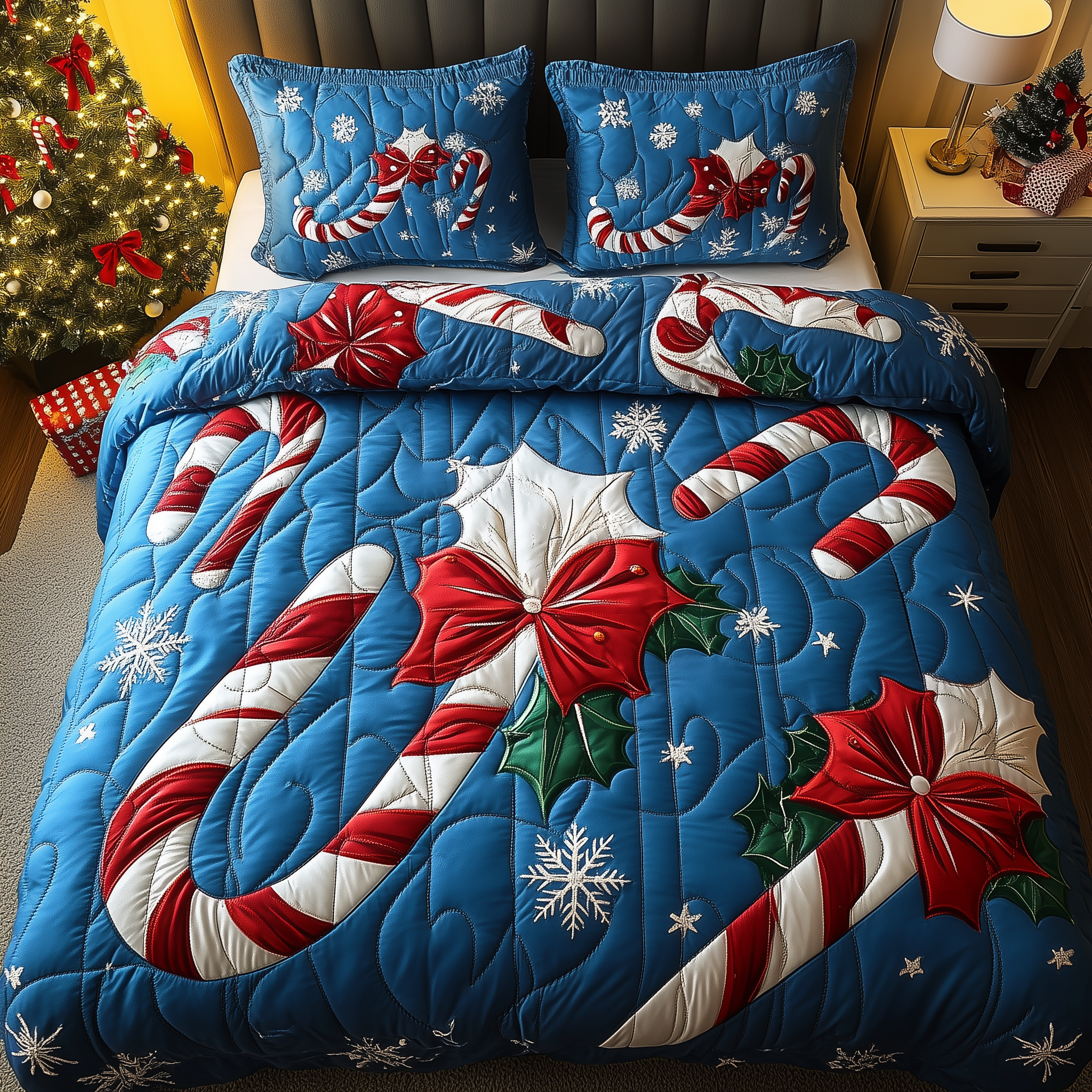 Cheerful Candy Cane Quilted Bedding Set Gift Ideas For Candy Lovers