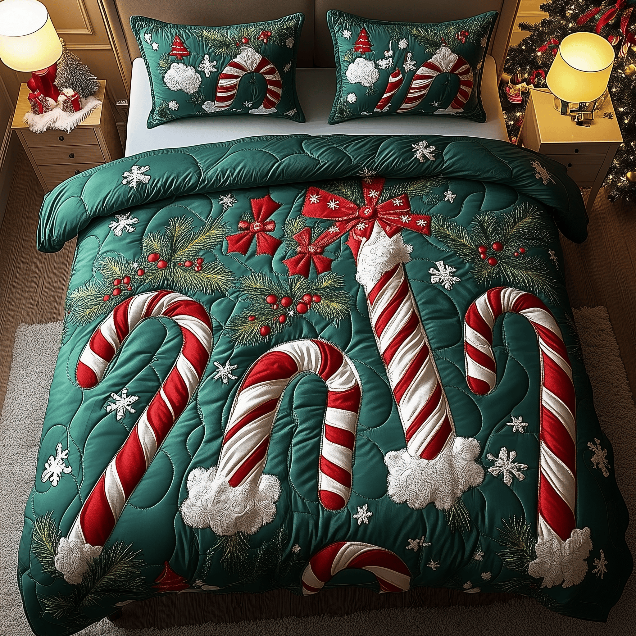 Cheerful Candy Cane Quilted Bedding Set Gifts For Gummy Bear Lovers