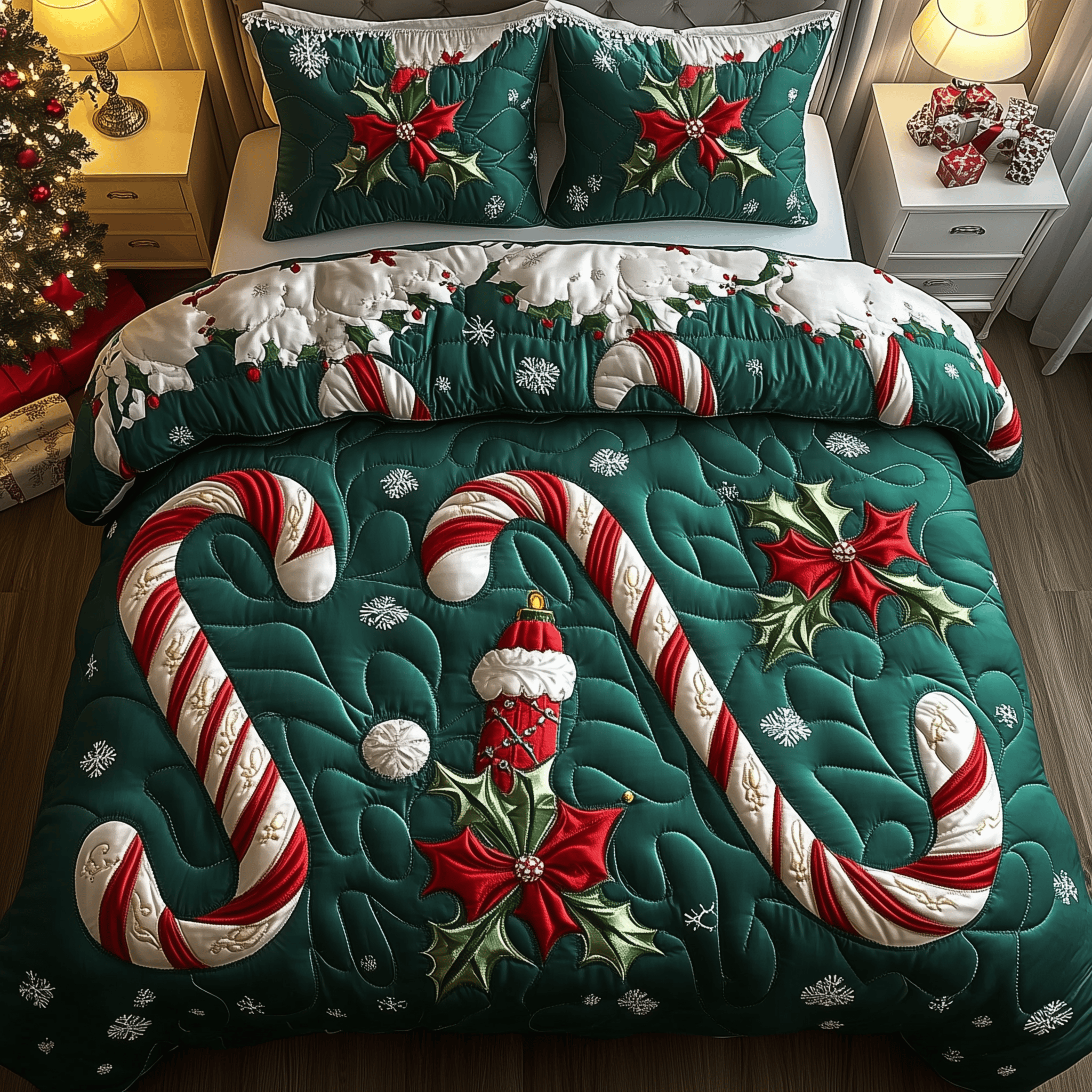 Cheerful Candy Cane Quilted Bedding Set Gifts For Sweet Lovers