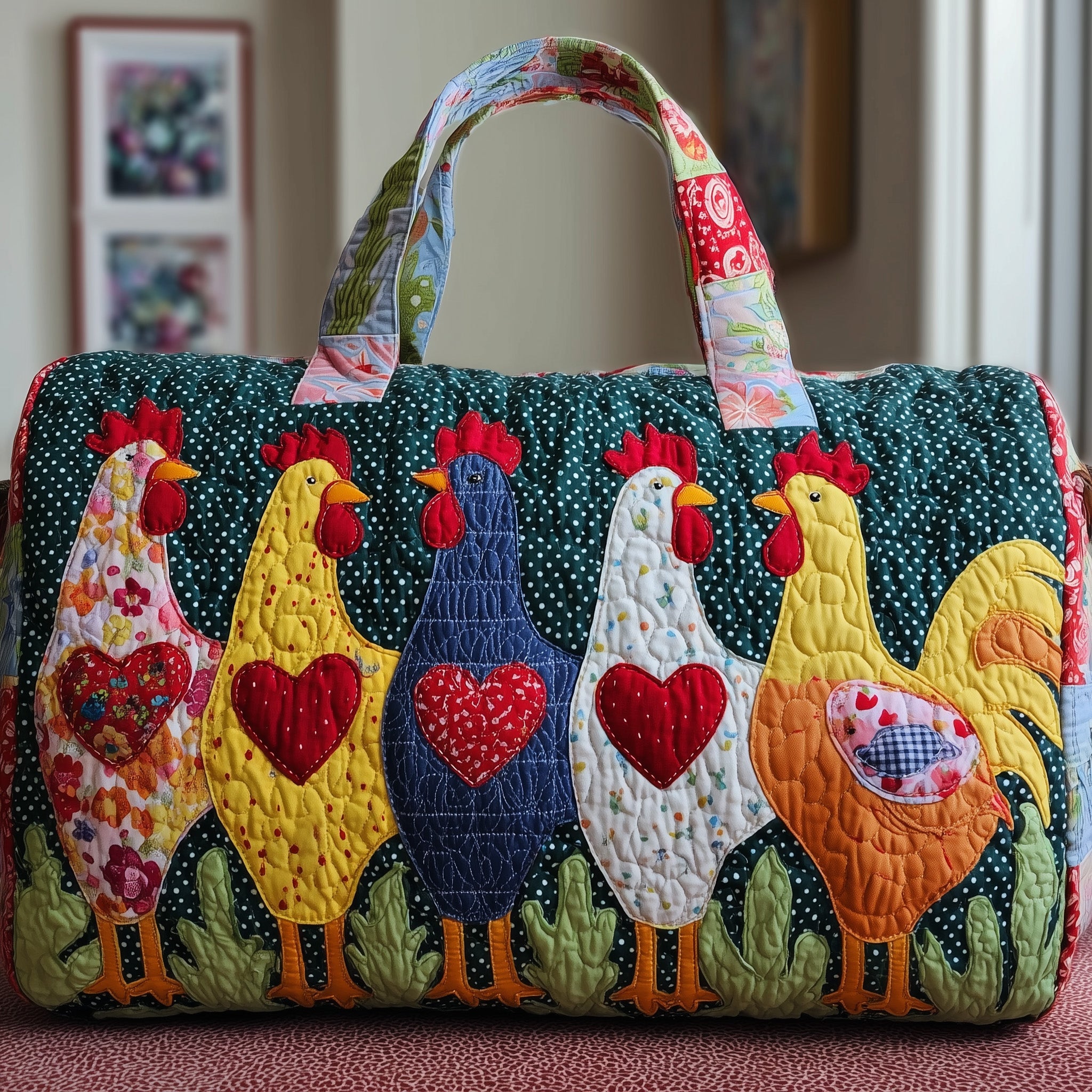 Cheerful Chicken Quilted Duffle Bag Travel Friendly Design