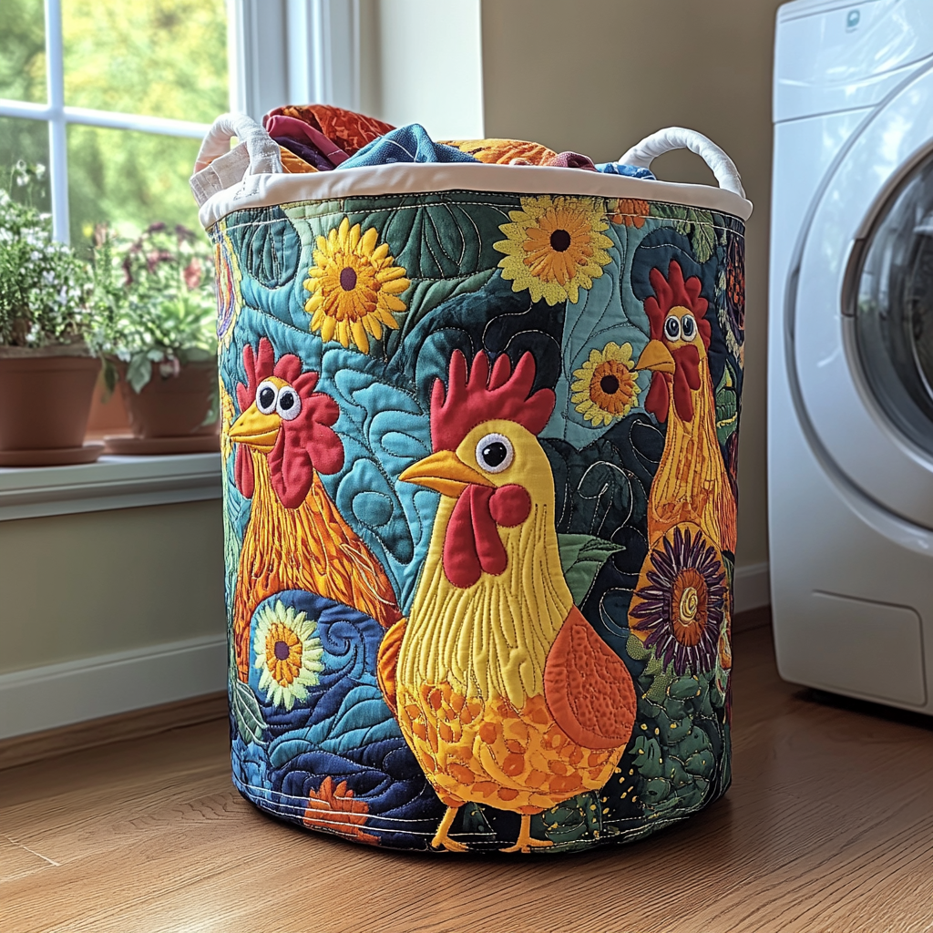 Cheerful Chicken Quilted Laundry Basket Merch For Family Time