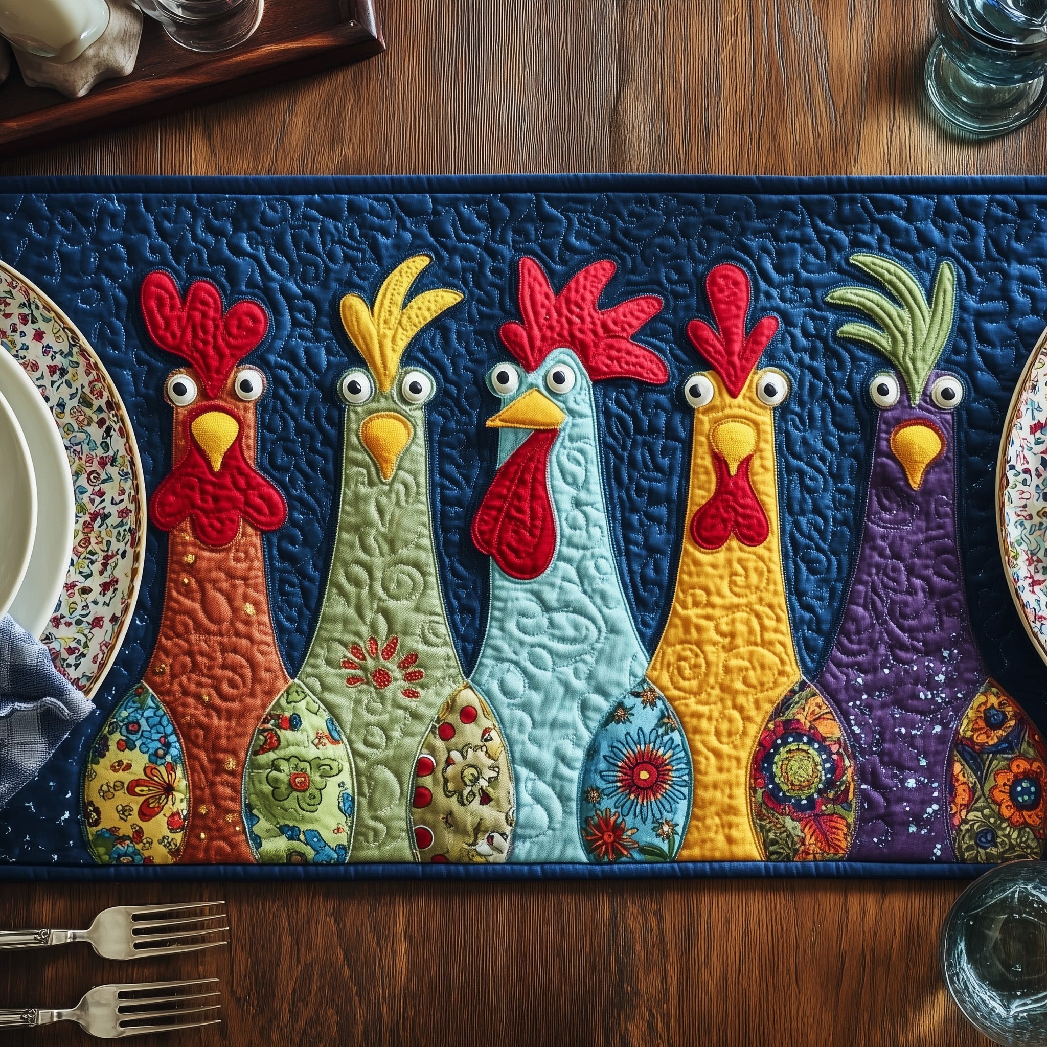 Cheerful Chicken Quilted Table Runner Merry Christmas Table Runner Decor
